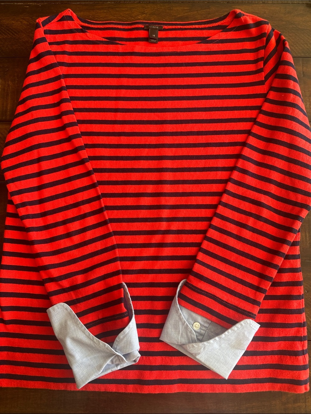 J. Crew Red and Black Striped Long-Sleeve Tee with Contrast Cuffs XS